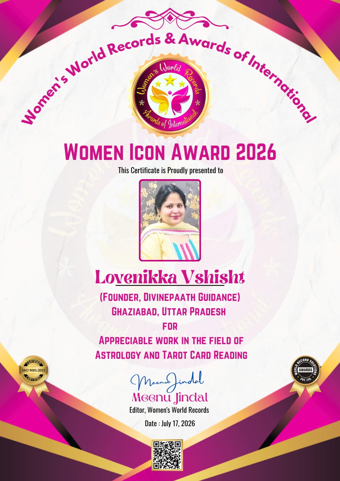 Women Icon Award 2026 certificate presented to Lovenikka Vshisht for astrology and tarot card reading