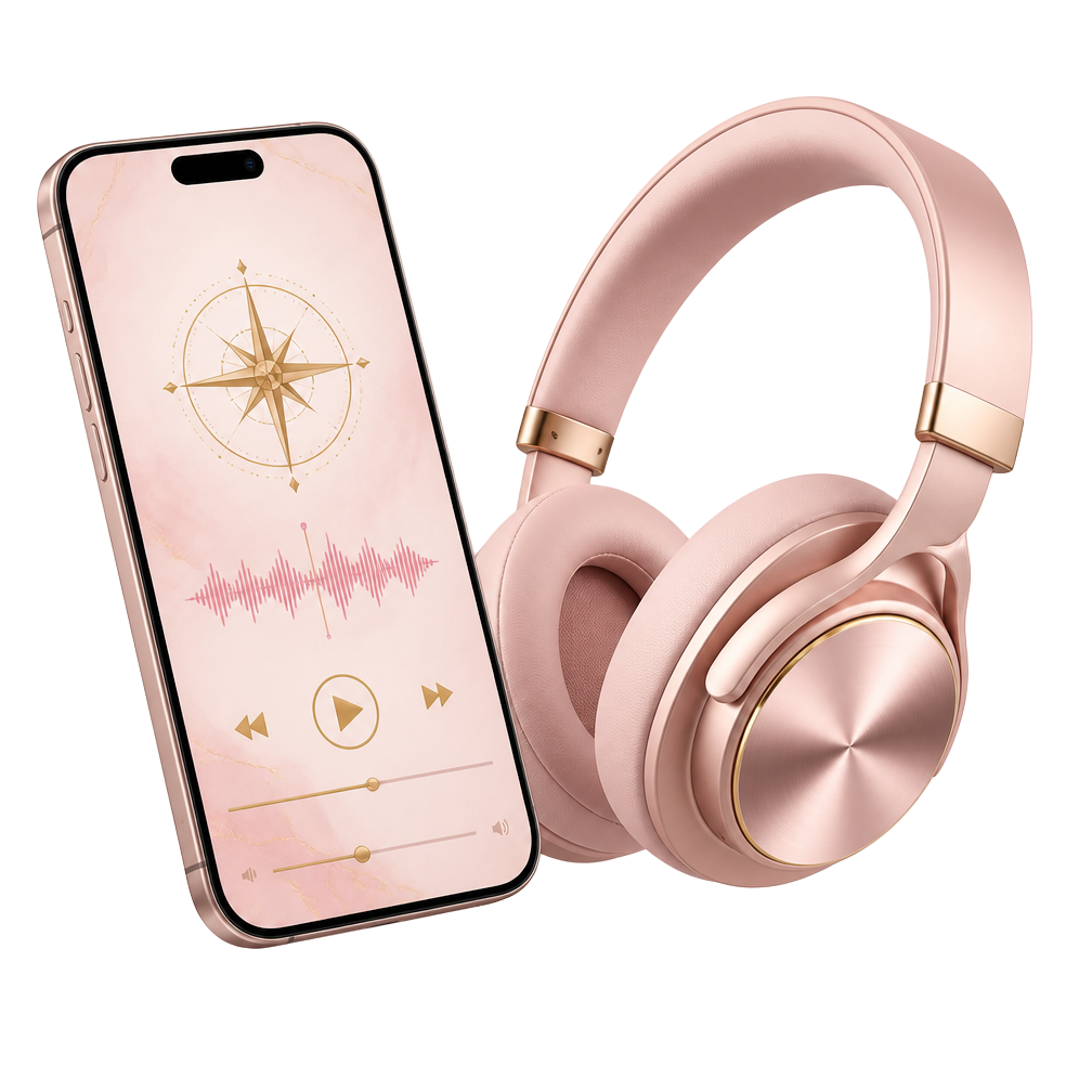 The Compass Calibration Audio playing on a phone with rose-gold headphones