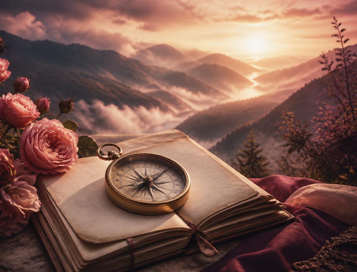 A golden compass resting on an open journal as fog clears over a valley