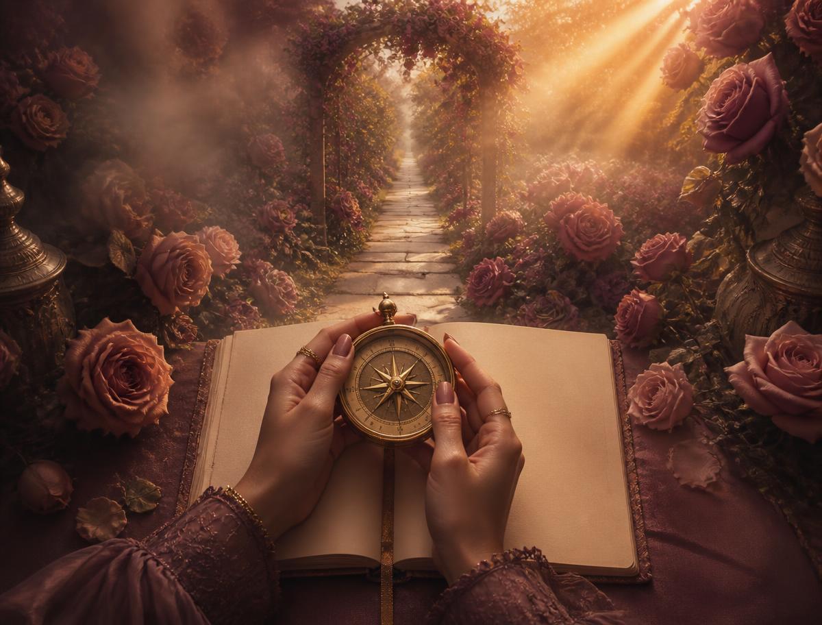 Hands holding a golden compass over a journal as a clear path appears