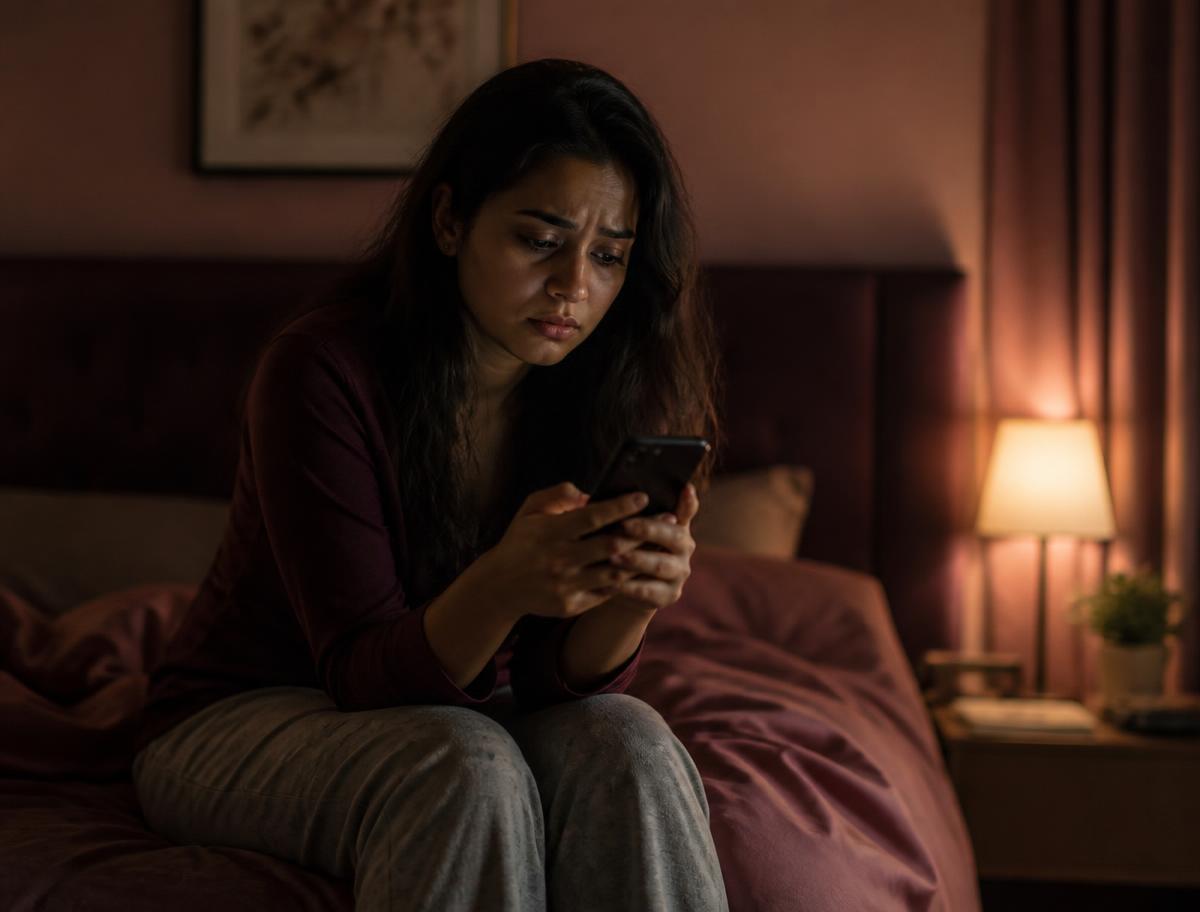 A woman sitting alone at night, anxiously re-reading messages on her phone