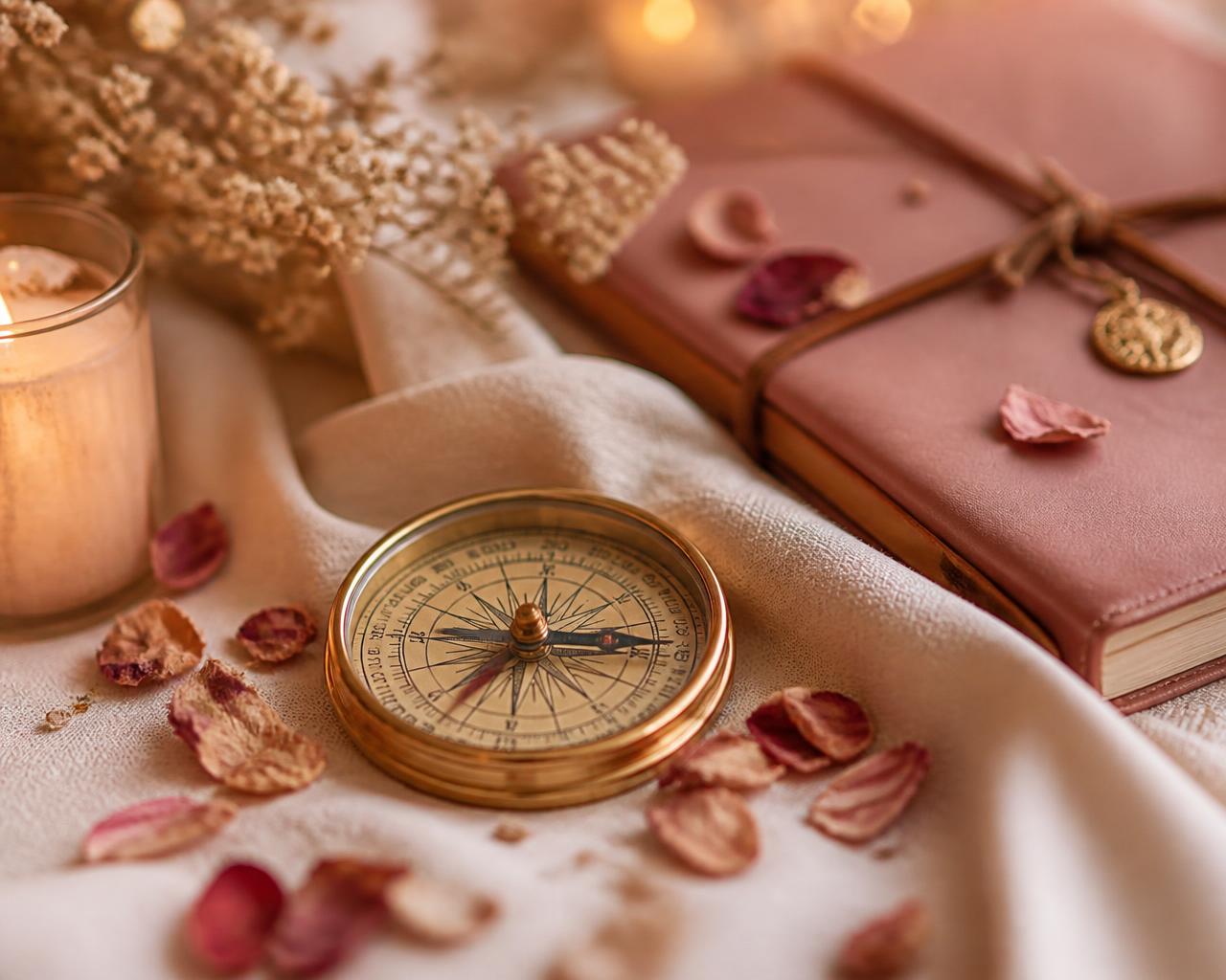 A golden compass resting on soft linen with dried rose petals and a journal