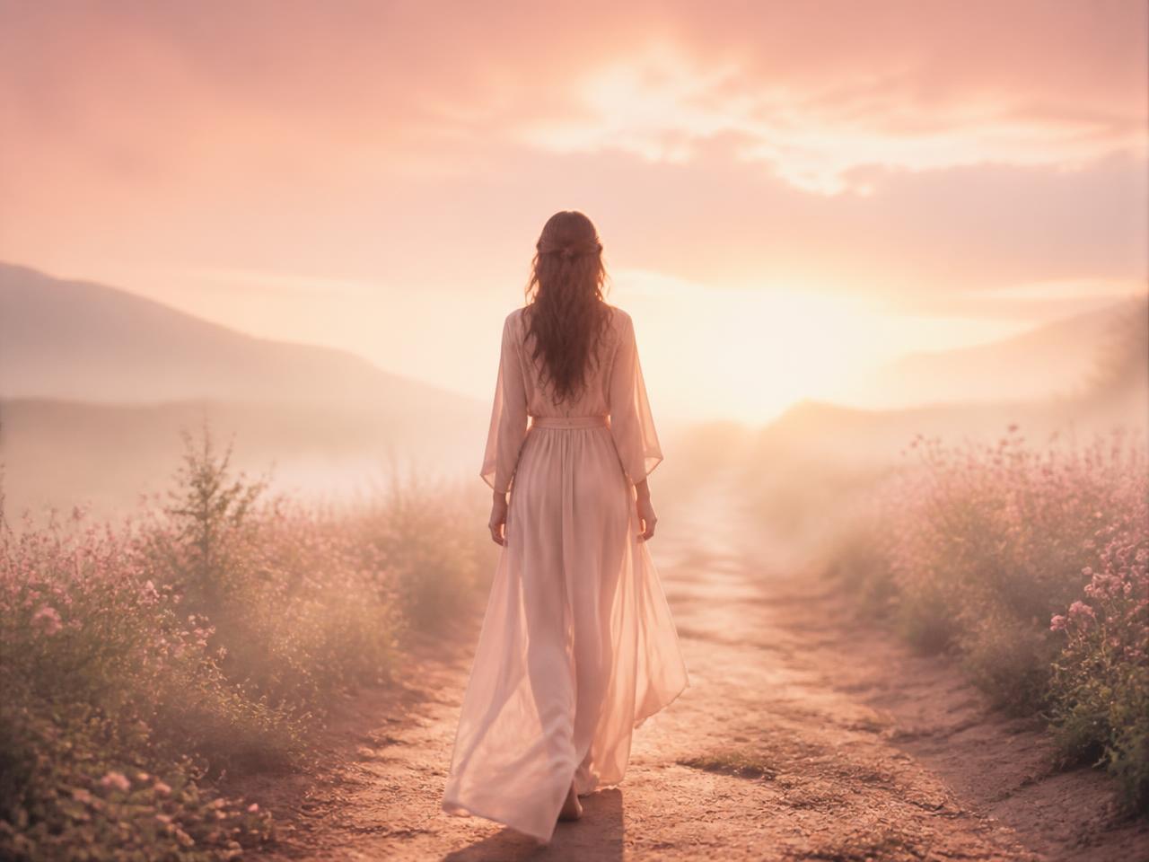 A woman walking calmly along a misty path toward warm golden light