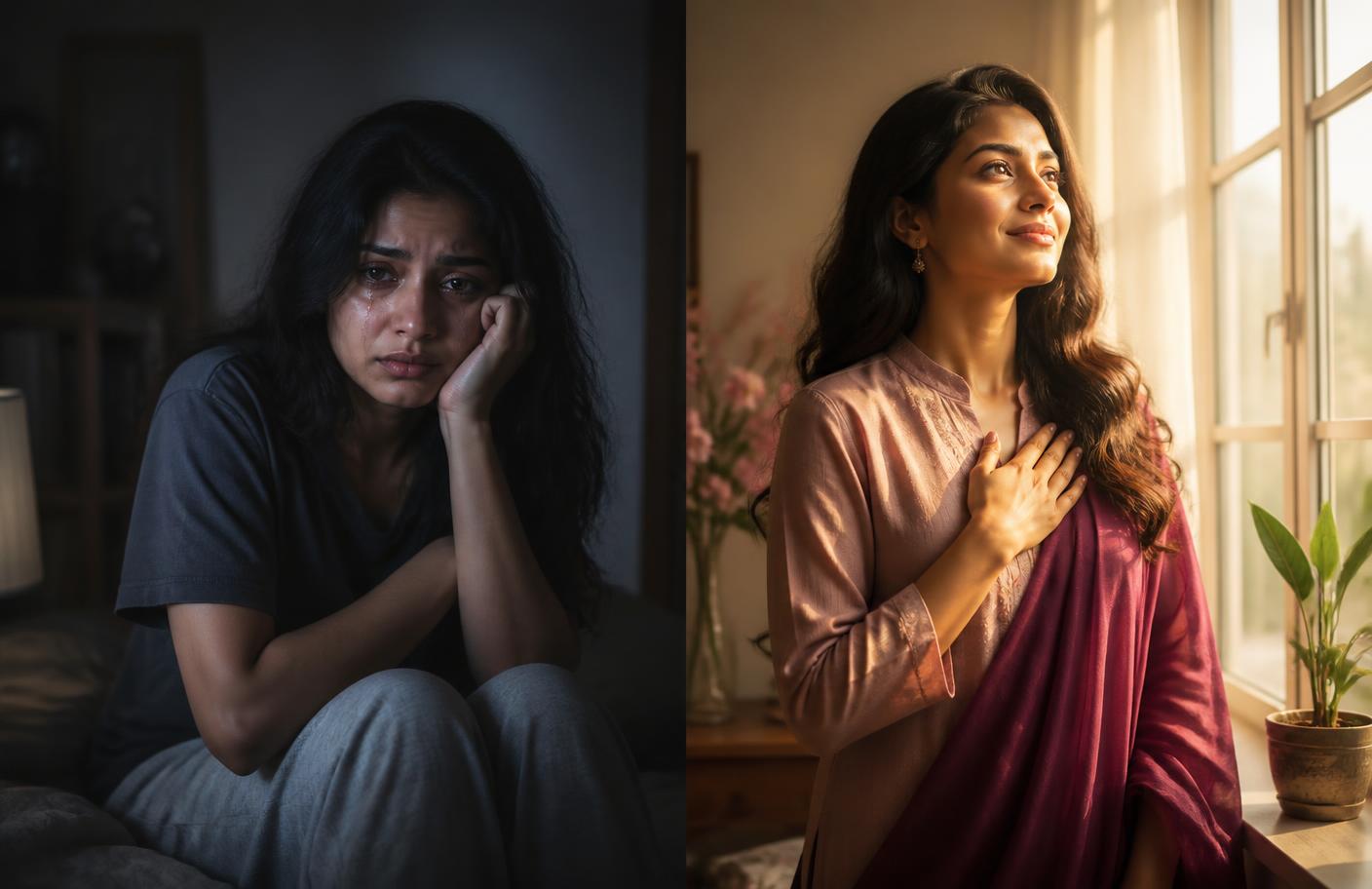 Before and after: the same woman lost and tearful, then calm and confident in morning light