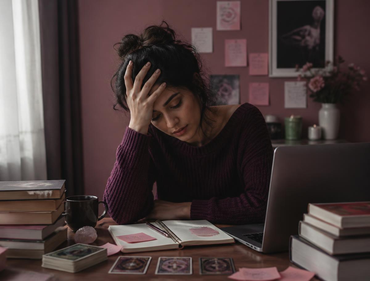 A woman overwhelmed by relationship books, notes and advice on her desk